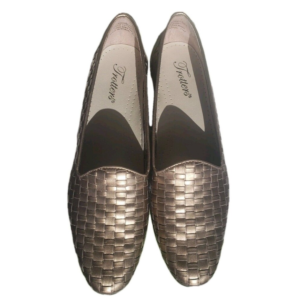 Trotters Women 8 S=Slim Liz Pewter Flat Leather Shoe Woven Loafer Slip On Brazil